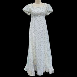 1970's Vintage Sylvia Ann Flowy Maxi  Empire Waist Dress Blue Rosebuds